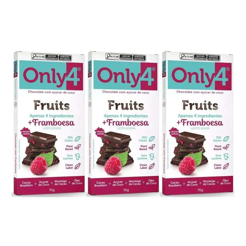 Kit 3 Chocolate Vegano 70% Cacau Framboesa Only4 70g