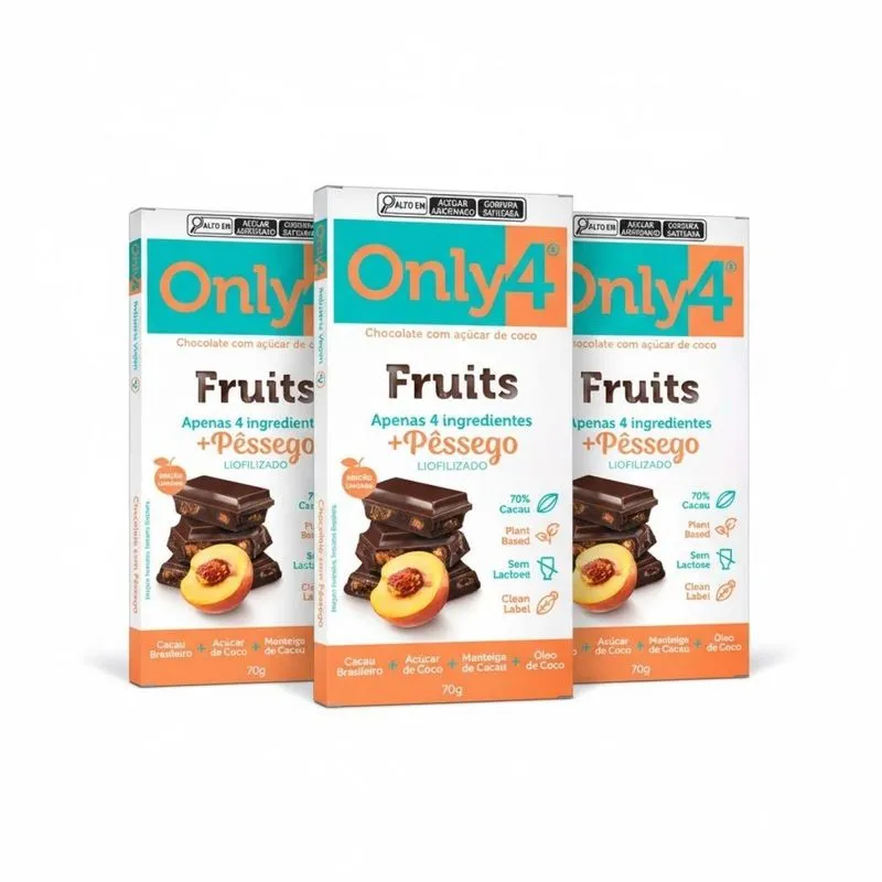 Kit 3 Chocolate Vegano 70% Cacau Pessego Sem Lact 70g Only4