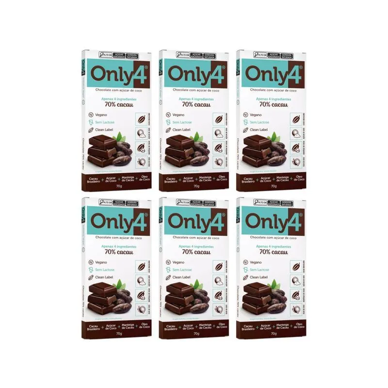 Kit 6 Chocolate 70% Cacau Vegano Sem Lactose 70g Only4