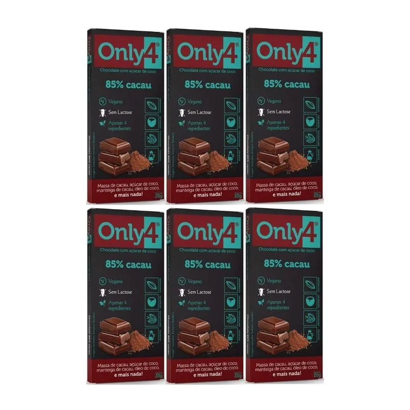 Kit 6 Chocolate Sem Conservantes 85% Cacau Vegano 20g Only4