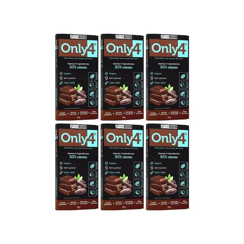 Kit 6 Chocolate Sem Conservantes 85% Cacau Vegano 70g Only4