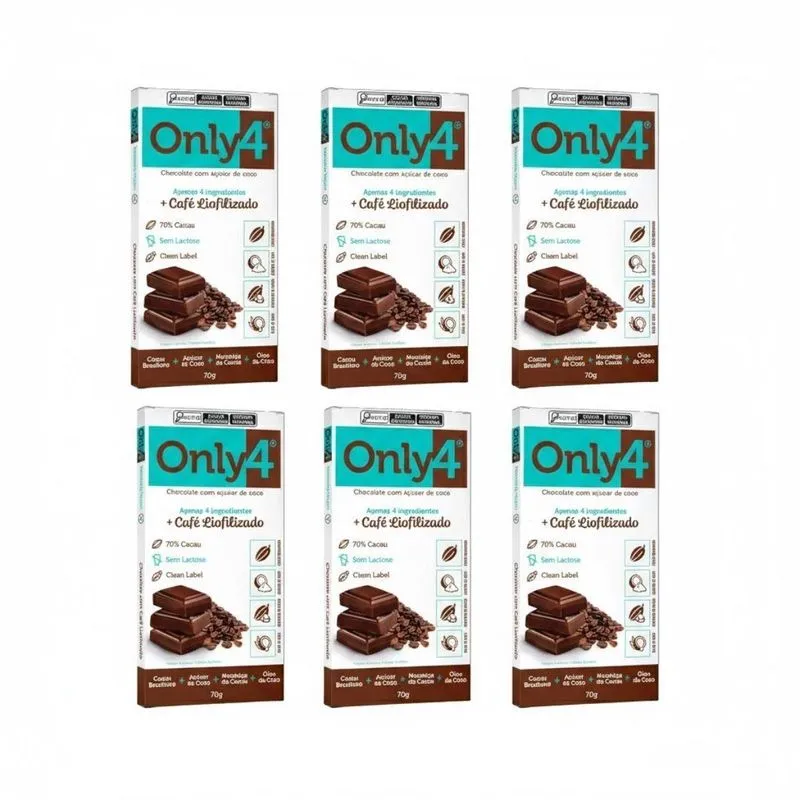 Kit 6 Chocolate Vegano 70% Cacau Café 70g Zero Açucar Only4