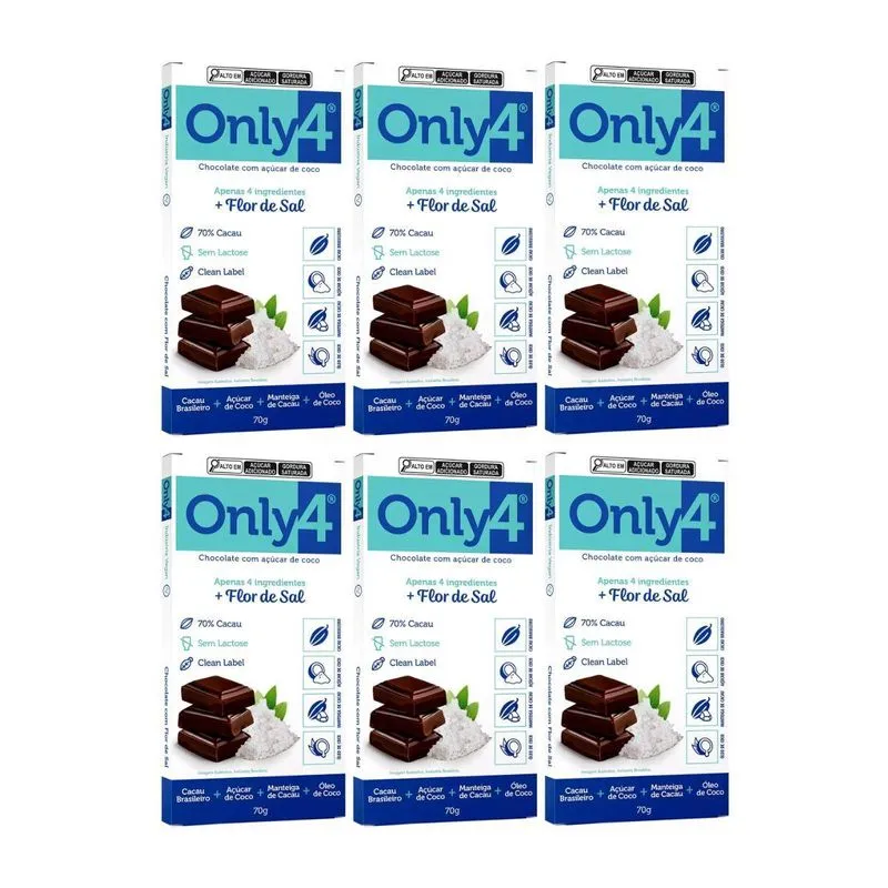 Kit 6 Chocolate Vegano Com Flor De Sal 70% Cacau Only4 70g