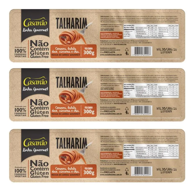 Kit 3 Talharim Cenoura Caseira Fibras Naturais 300g Sem Glúten