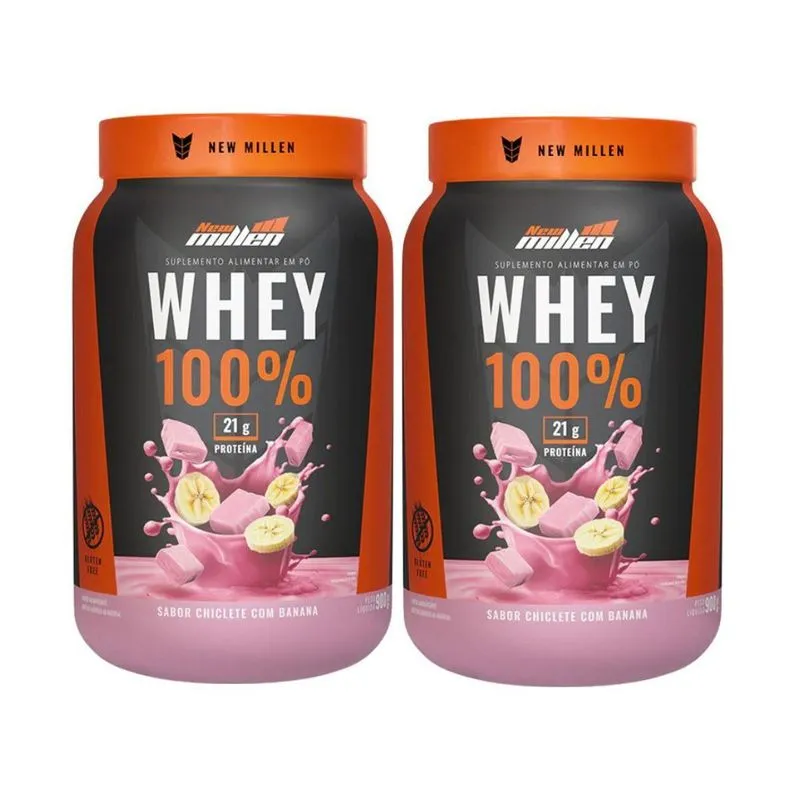 Kit 2 Whey Protein 100% Chiclete Com Banana 21g De Prot 900g