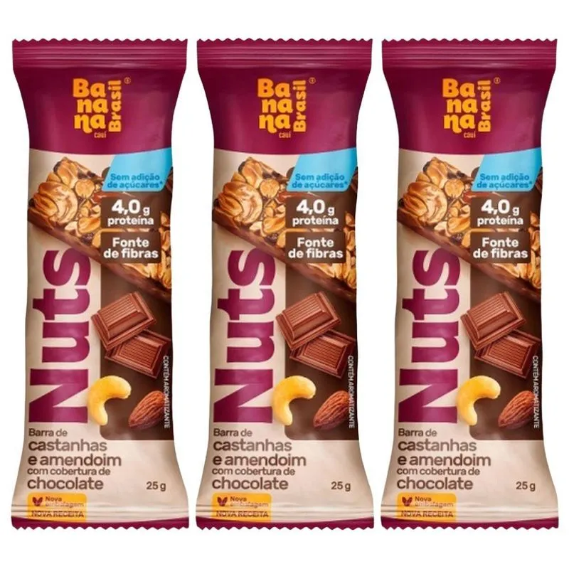 Kit 3 Barra Nuts Com Cobertura De Chocolate 25g Sem Gluten