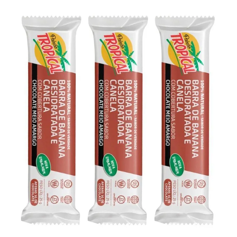 Kit 3 Banana Desidratada E Canela Com Choc. Meio Amargo 25g