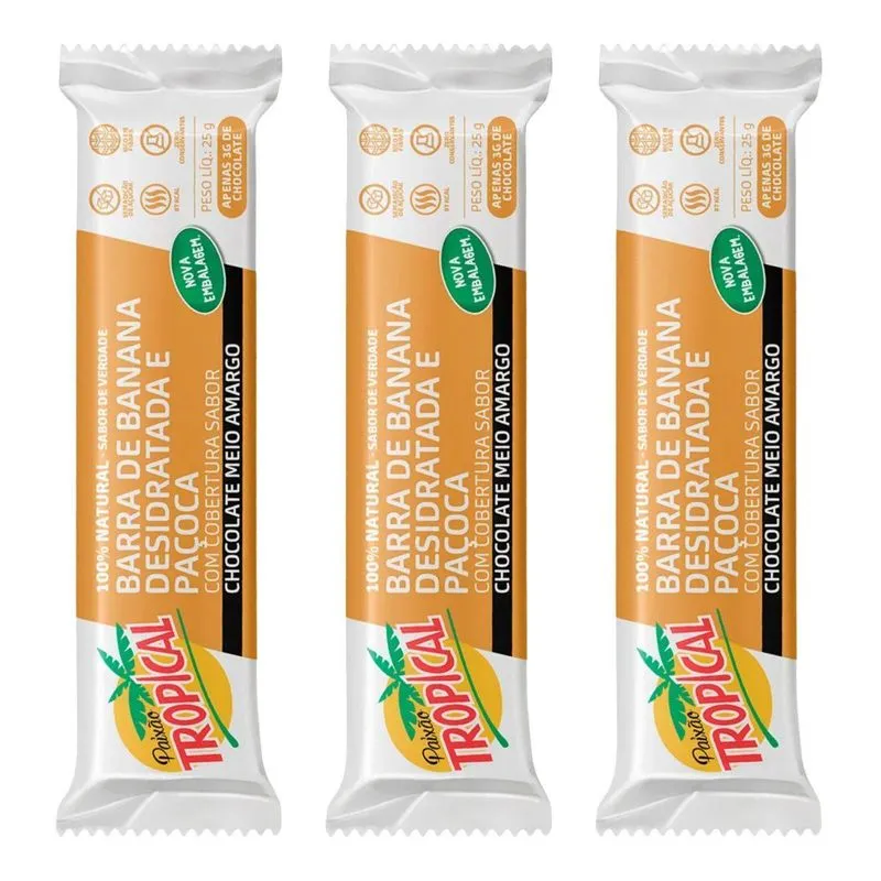Kit 3 Banana Desidratada E Paçoca Com Choc Meio Amargo 25g