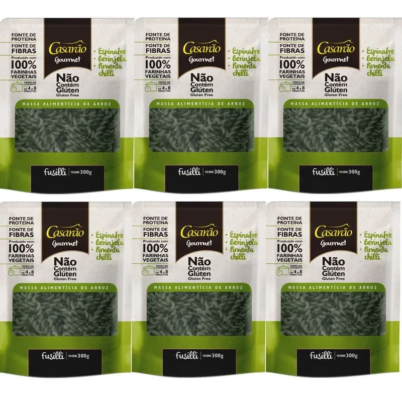 Kit 6 Massa Fusilli Espinafre Fonte De Prot Sem Gluten 300g