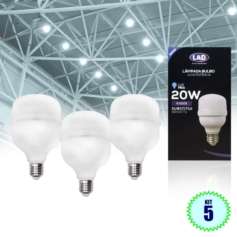 Lâmpada Bulbo Alta 20w 5 Unid Branca Fria Bivolt Compacta Casa Galpão Depósito L&D 6007