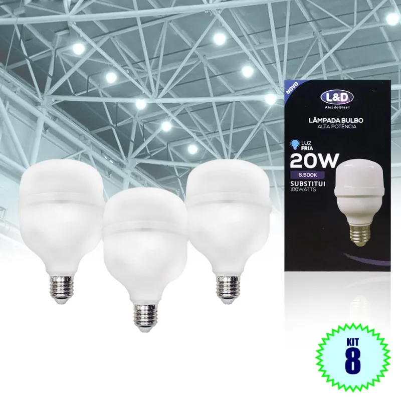 Lâmpada Bulbo Alta 20w 8 Unid Branca Fria Bivolt Compacta Casa Galpão Depósito L&D 6007
