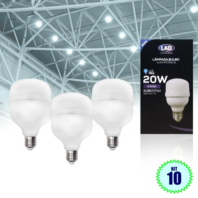 Kit 10 lampadas bulbo alta potencia 20W 6500K fria 1031
