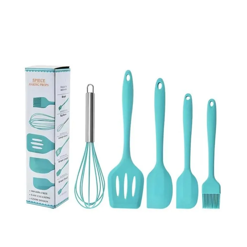 Kit 5 Utensílios de Cozinha Silicone Batedor Inox Espátula Pincel Multiuso 035