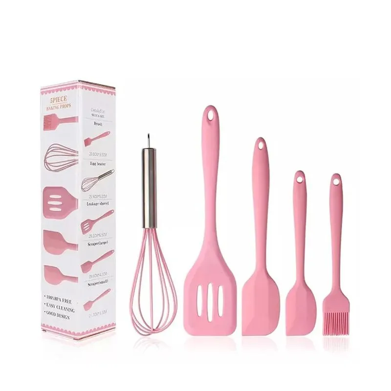 Kit 5 Utensílios de Cozinha Silicone Batedor Inox Espátula Pincel Multiuso 035