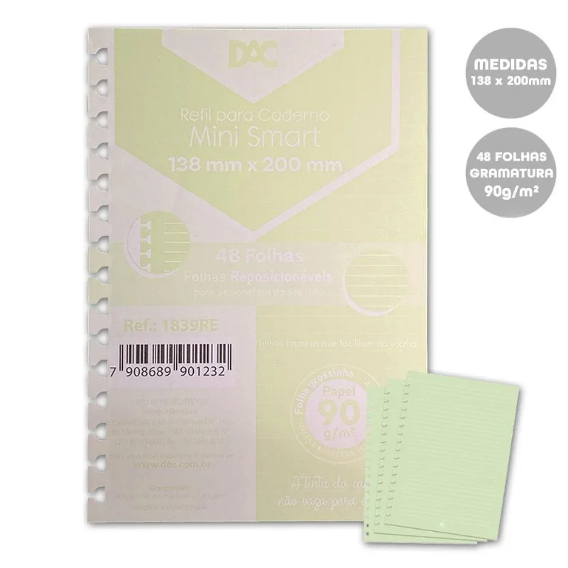 Refil Caderno Mini Smart Verde Linhas Brancas 48fls 90g/m