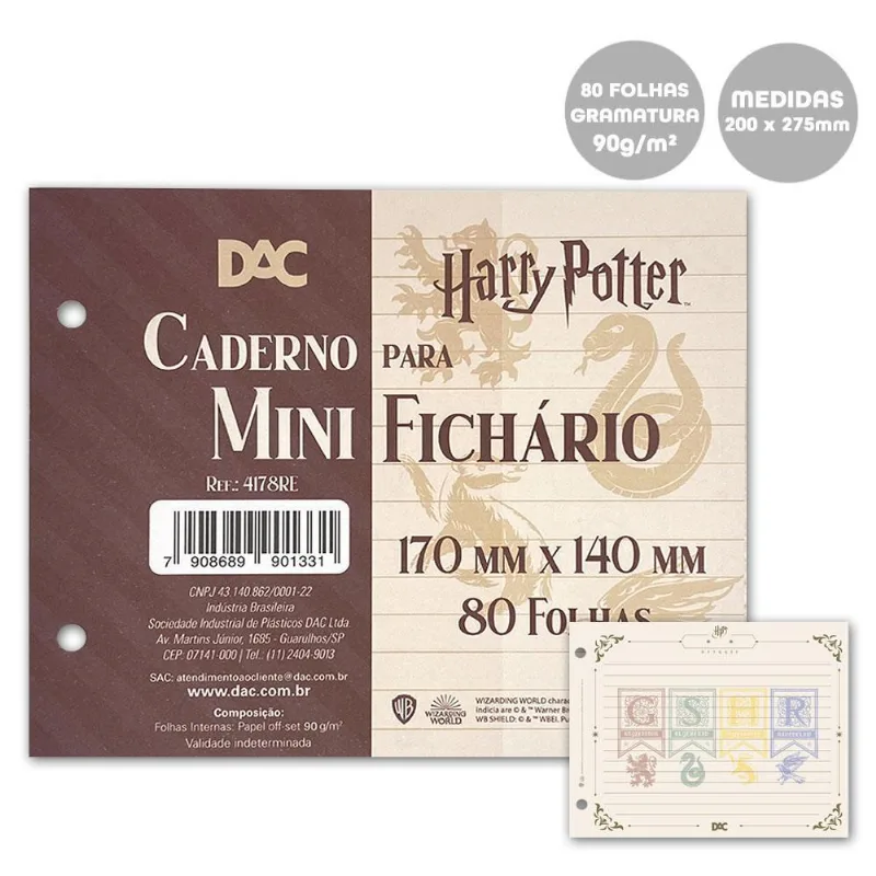 Refil Mini Fichário 17x14cm 2 Furos 80fls Harry Potter Dac