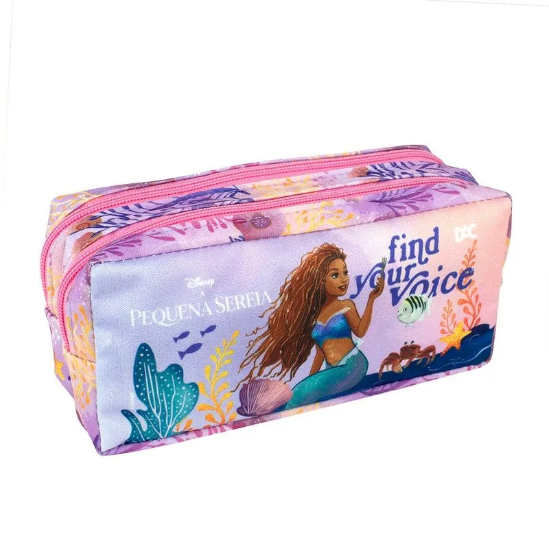 Estojo Escolar Grande Duplo em tecido com ziper - Pequena Sereia Ariel - Dac 4321