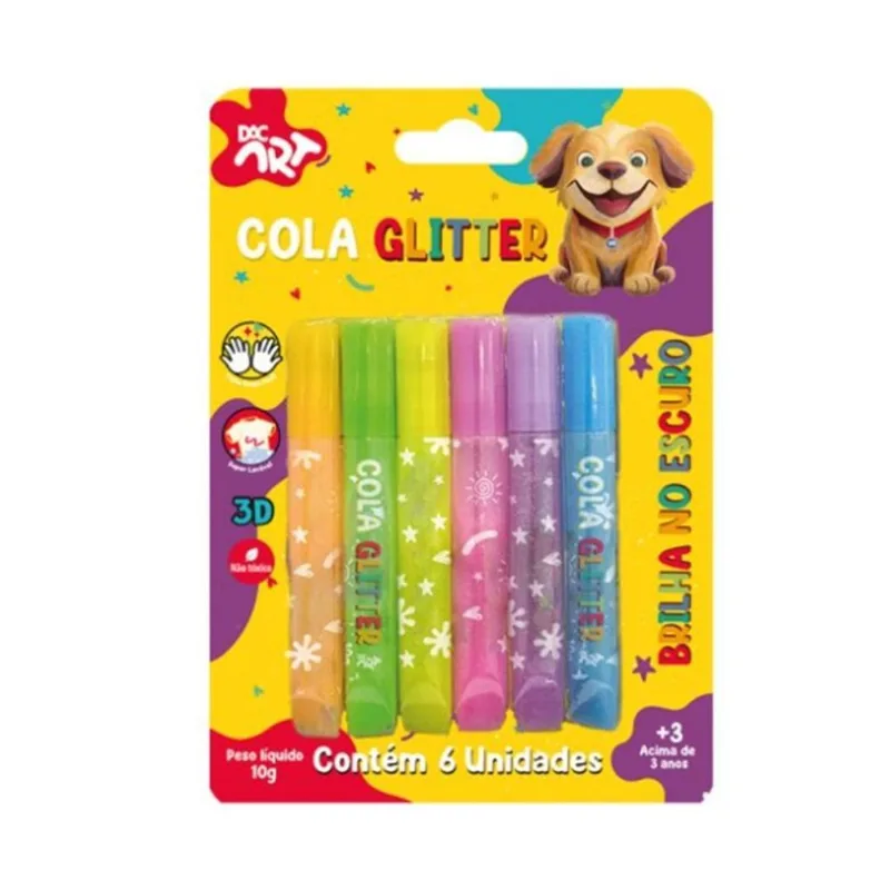 Cola Glitter Neon Brilha No Escuro Efeito 3d Kit 6 Unidades