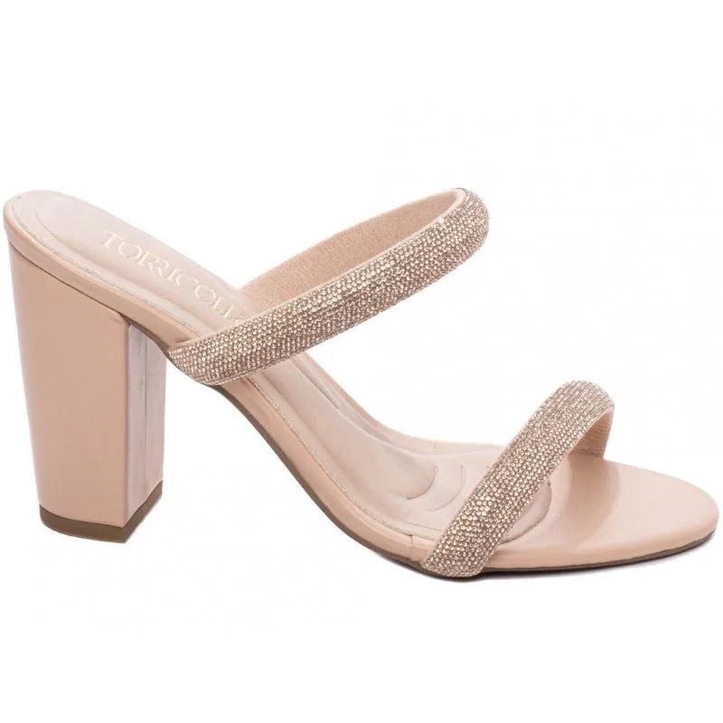 Sandália Tamanco Feminino Salto Alto Grosso Strass Rosê Rosa Torricella