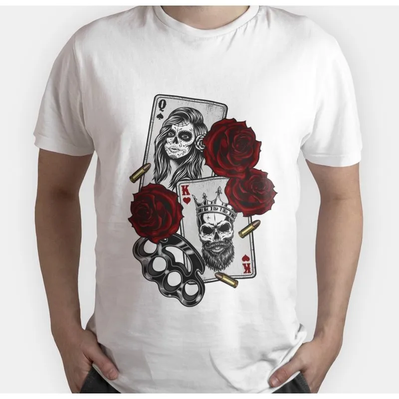 Camiseta 100% Algodão Gola Canoa Cartas Truco Flores