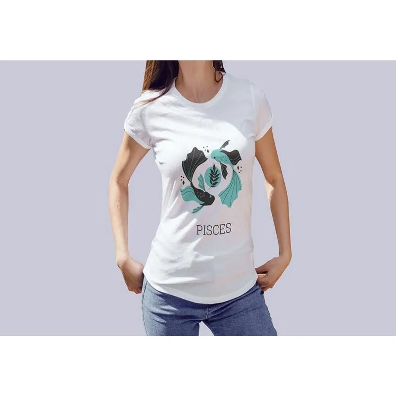Camiseta Babylook 100% Algodão Signo Peixes Gola Canoa