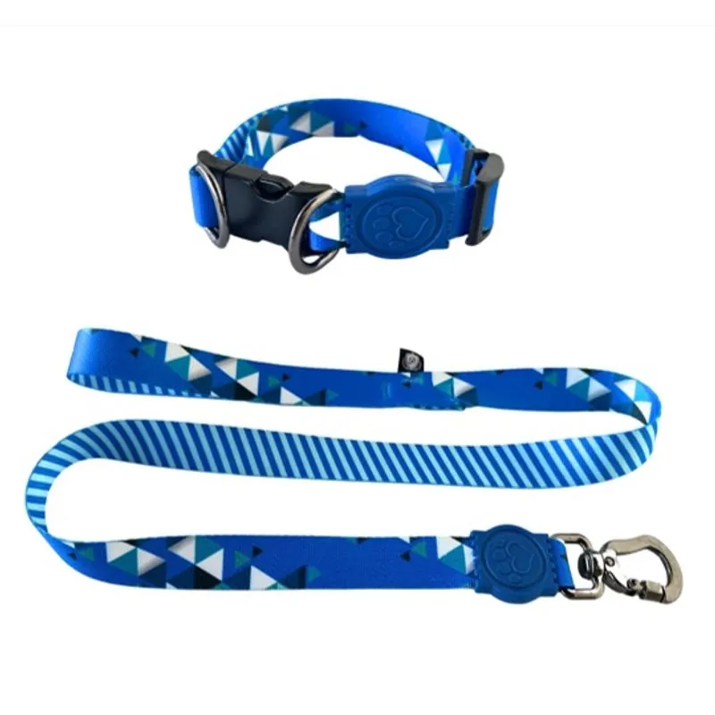 Coleira + Guia Geométrica Azul M Poliéster M