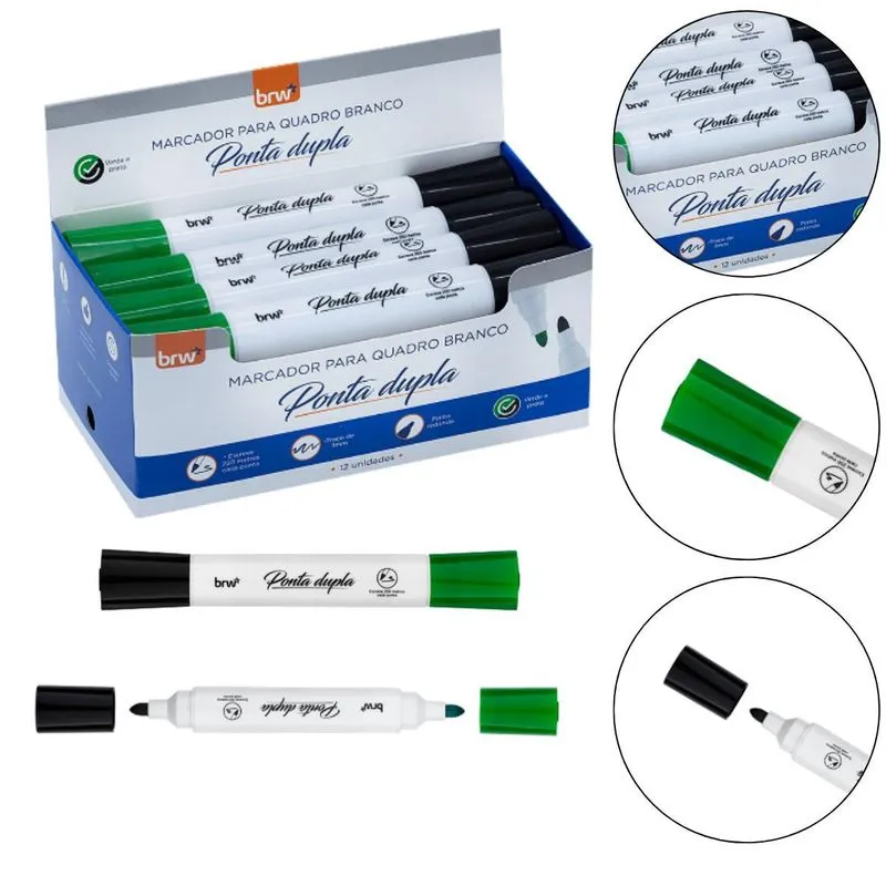 12 Marcador Quadro Branco 2 Em 1 Ponta Dupla Verde E Preto