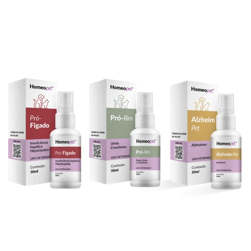 Kit Pró Rim + Pró Fígado + Alzhein Cães Gatos Homeopet 30ml