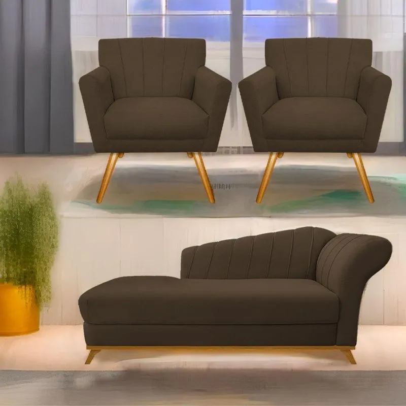 Kit Diva Recamier Vanessa 140Cm Lado Esquerdo E 02 Poltronas Laura Suede Cor Marrom