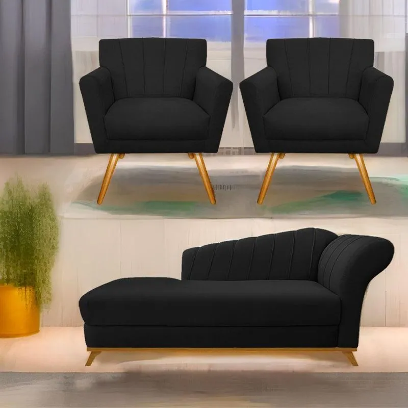 Kit Diva Recamier Vanessa 140Cm Lado Esquerdo E 02 Poltronas Laura Suede Cor Preto