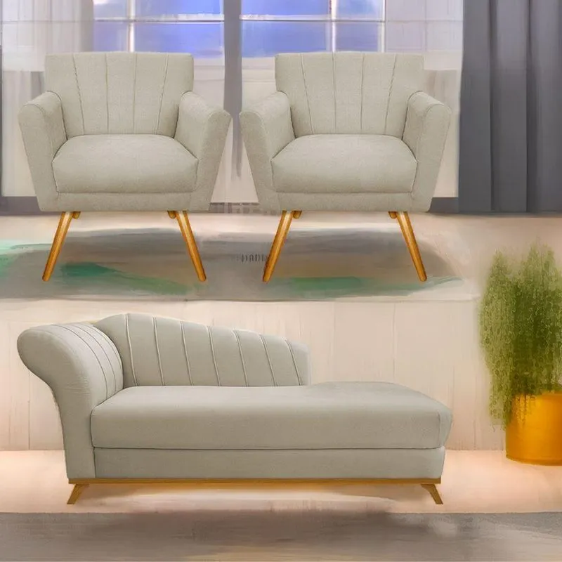 Kit Diva Recamier Vanessa 160Cm Lado Direito E 02 Poltronas Laura Suede Cor Bege