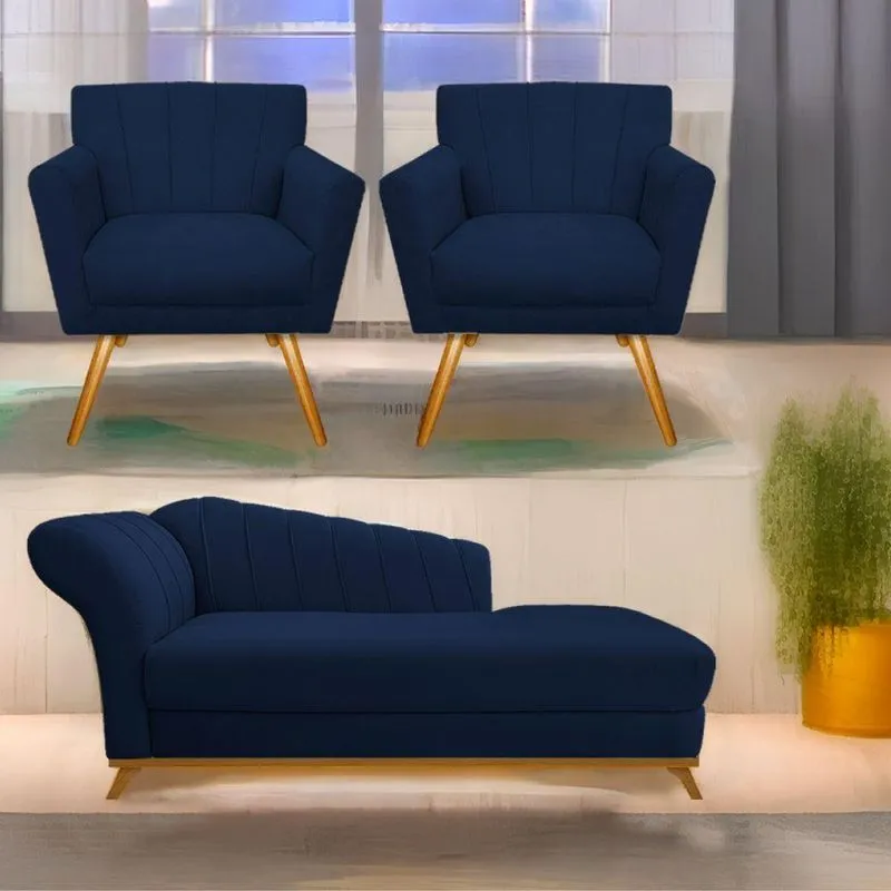 Kit Diva Recamier Vanessa 140Cm Lado Direito E 02 Poltronas Laura Suede Cor Azulmarinho