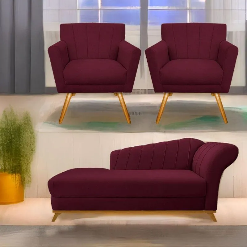 Kit Diva Recamier Vanessa 140Cm Lado Esquerdo E 02 Poltronas Laura Suede Cor Bordô