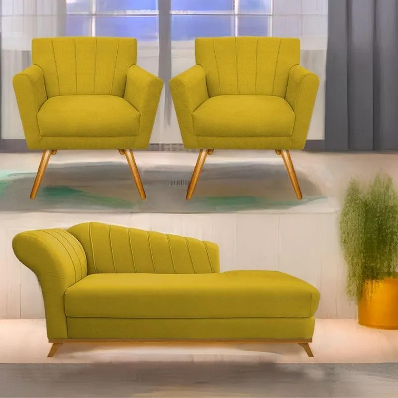 Kit Diva Recamier Vanessa 160Cm Lado Direito E 02 Poltronas Laura Suede Cor Amarelo
