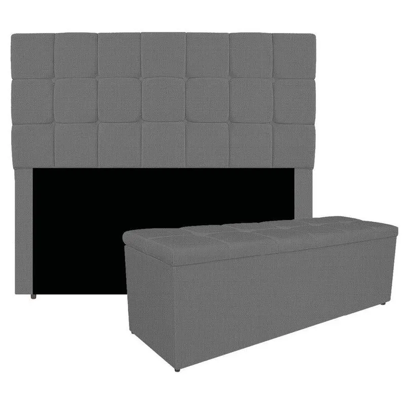 Kit Cabeceira E Calçadeira Manchester 140 Cm Casal Linho - Adj Decor Cor Cinza Escuro