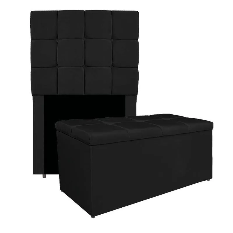 Kit Cabeceira E Calçadeira Manchester 90 Cm Solteiro Suede - Adj Decor Cor Preto