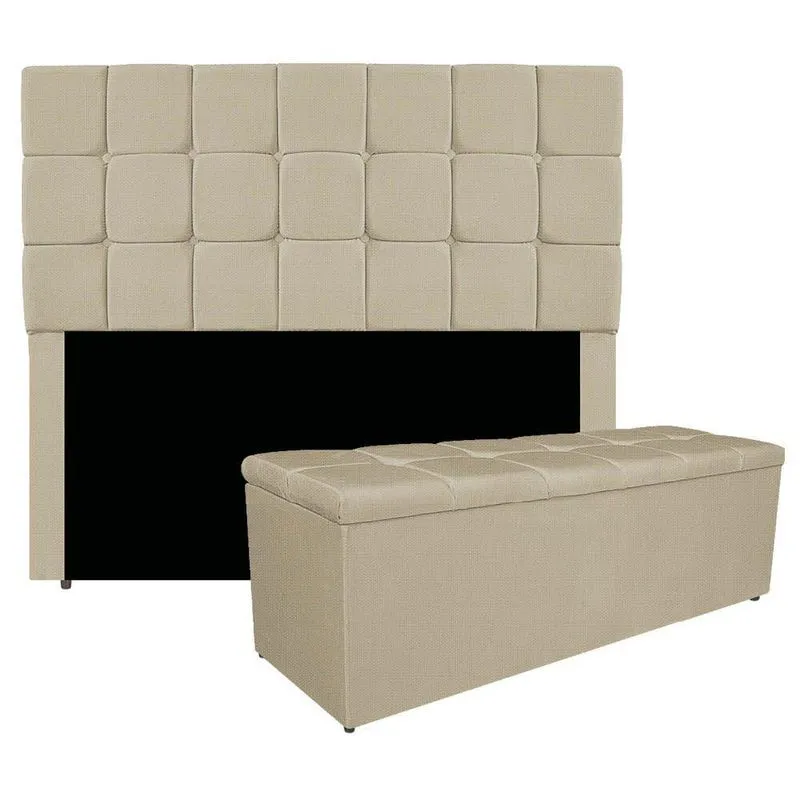 Kit Cabeceira E Calçadeira Manchester 160 Cm Queen Size Linho Cor Bege