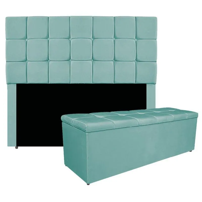Kit Cabeceira E Calçadeira Manchester 160 Cm Queen Size Suede Cor Azul Tiffany