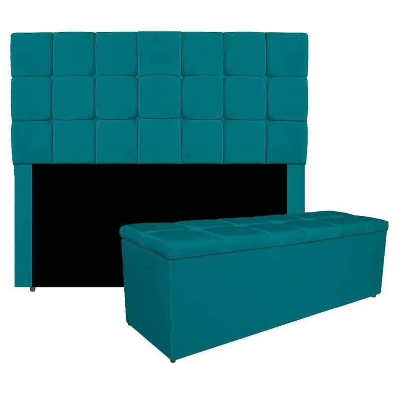Kit Cabeceira E Calçadeira Manchester 160 Cm Queen Size Suede Cor Azul Turquesa