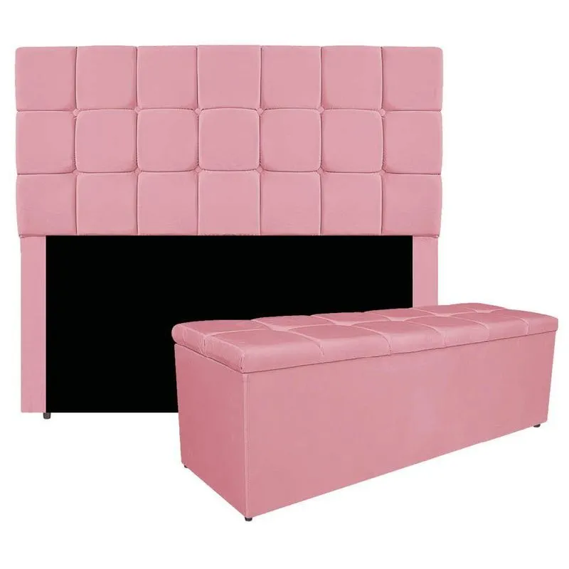 Kit Cabeceira E Calçadeira Manchester 160 Cm Queen Size Suede Cor Rosa Bebê