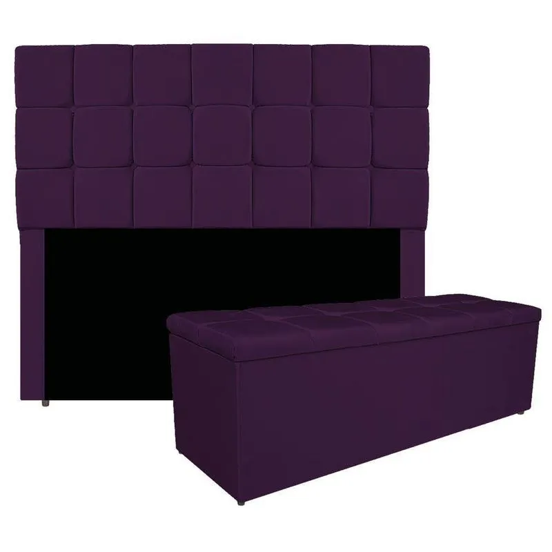 Kit Cabeceira E Calçadeira Manchester 160 Cm Queen Size Suede Cor Roxo