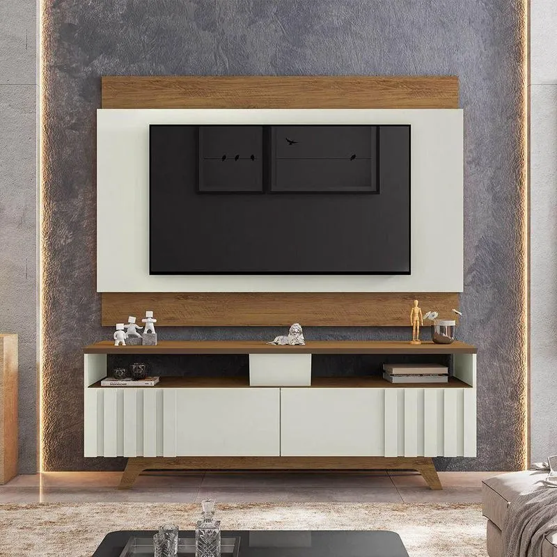 Painel E Bancada Para Tv Até 60" Portaland L01 - Doce Sonho Móveis Cor Freijó/cinza Cristal