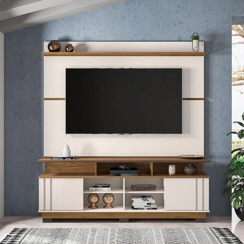 Painel E Bancada Para Tv Até 75" Columbus L01 - Doce Sonho Móveis Cor Off White/freijó