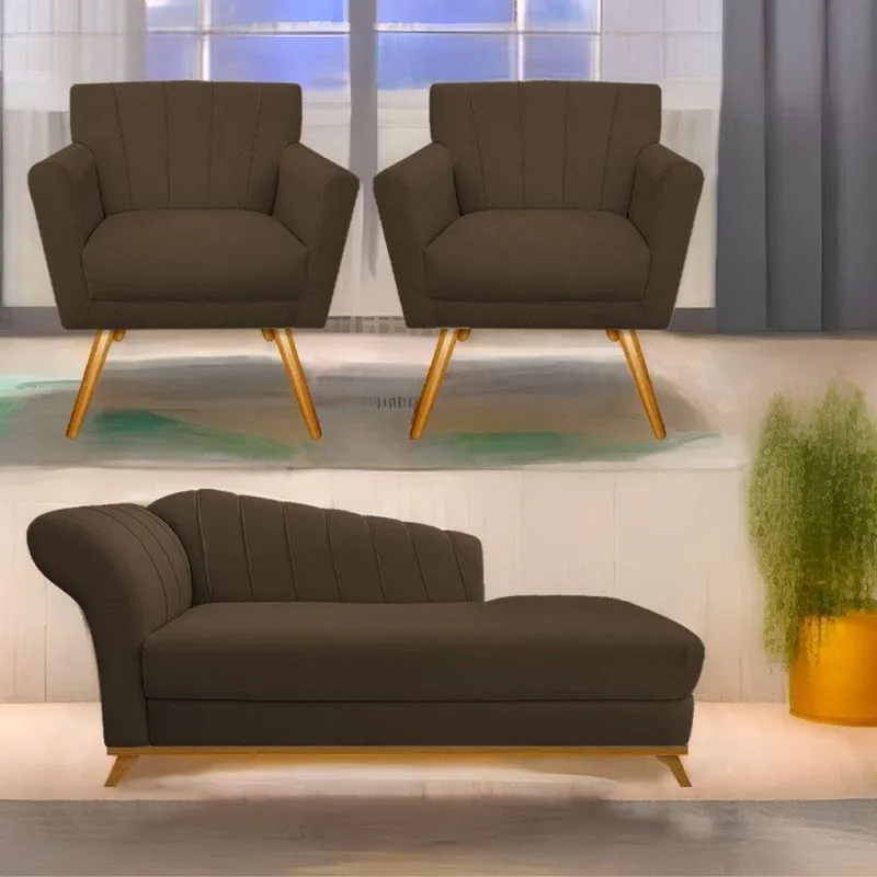 Kit Diva Recamier Vanessa 140Cm Lado Direito E 02 Poltronas Laura Suede Cor Marrom