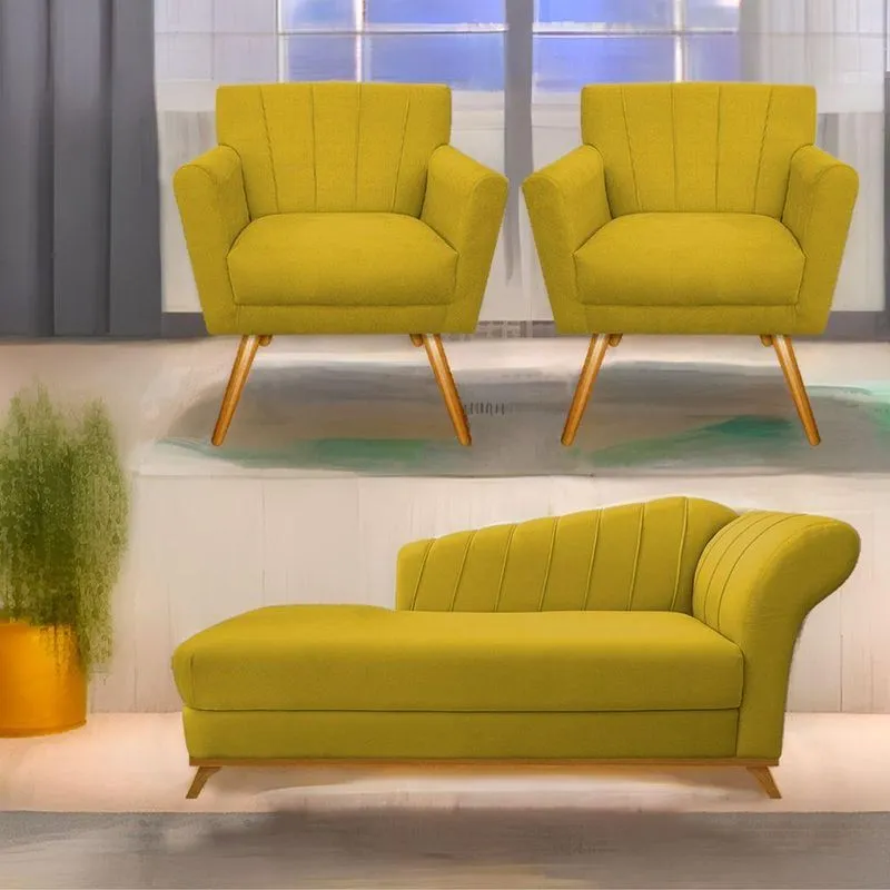 Kit Diva Recamier Vanessa 140Cm Lado Esquerdo E 02 Poltronas Laura Suede Cor Amarelo