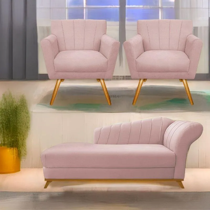 Kit Diva Recamier Vanessa 140Cm Lado Esquerdo E 02 Poltronas Laura Suede Cor Rosê