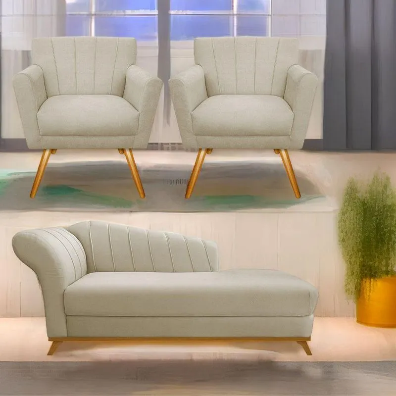 Kit Diva Recamier Vanessa 160Cm Lado Direito E 02 Poltronas Laura Linho Cor Bege