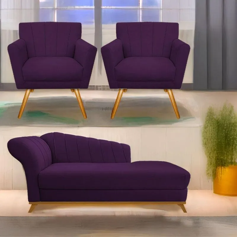 Kit Diva Recamier Vanessa 160Cm Lado Direito E 02 Poltronas Laura Suede Cor Roxo
