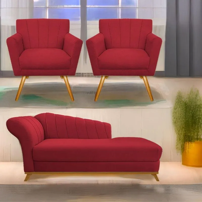 Kit Diva Recamier Vanessa 160Cm Lado Direito E 02 Poltronas Laura Suede Cor Vermelho