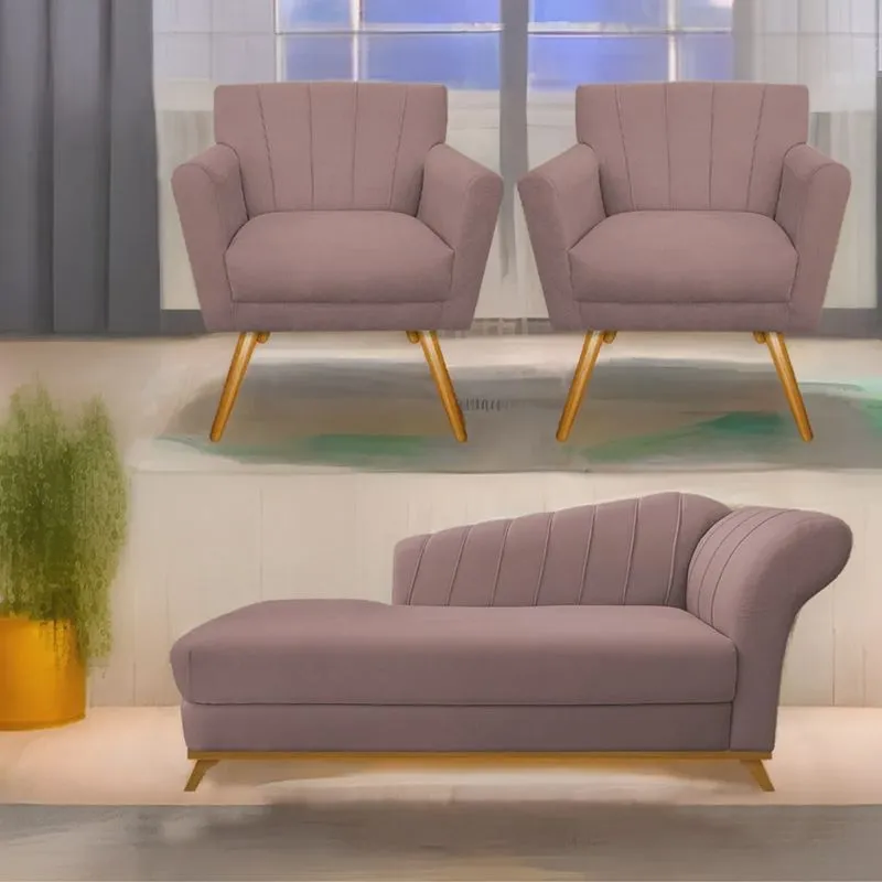 Kit Diva Recamier Vanessa 160cm Lado Esquerdo e 02 Poltronas Laura Linho - adj Decor